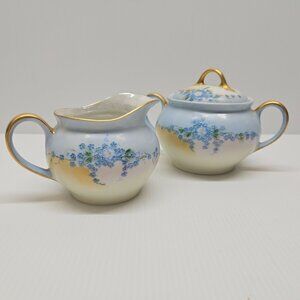 Vintage Bavaria Hand Painted Porcelain Blue Flowers Creamer &  Lidded Sugar Bowl